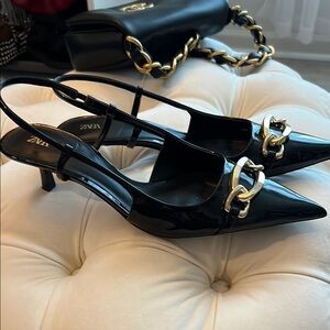 Zara Black and Gold Heels with Chain Detail